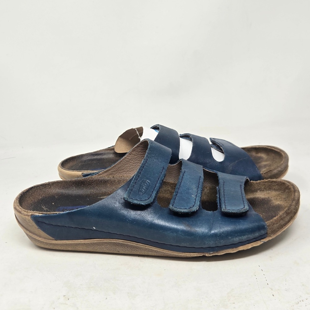 Wolky Womens Navy Blue Leather Triple Strap Slide Sandals Size 39 Comfort Shoes